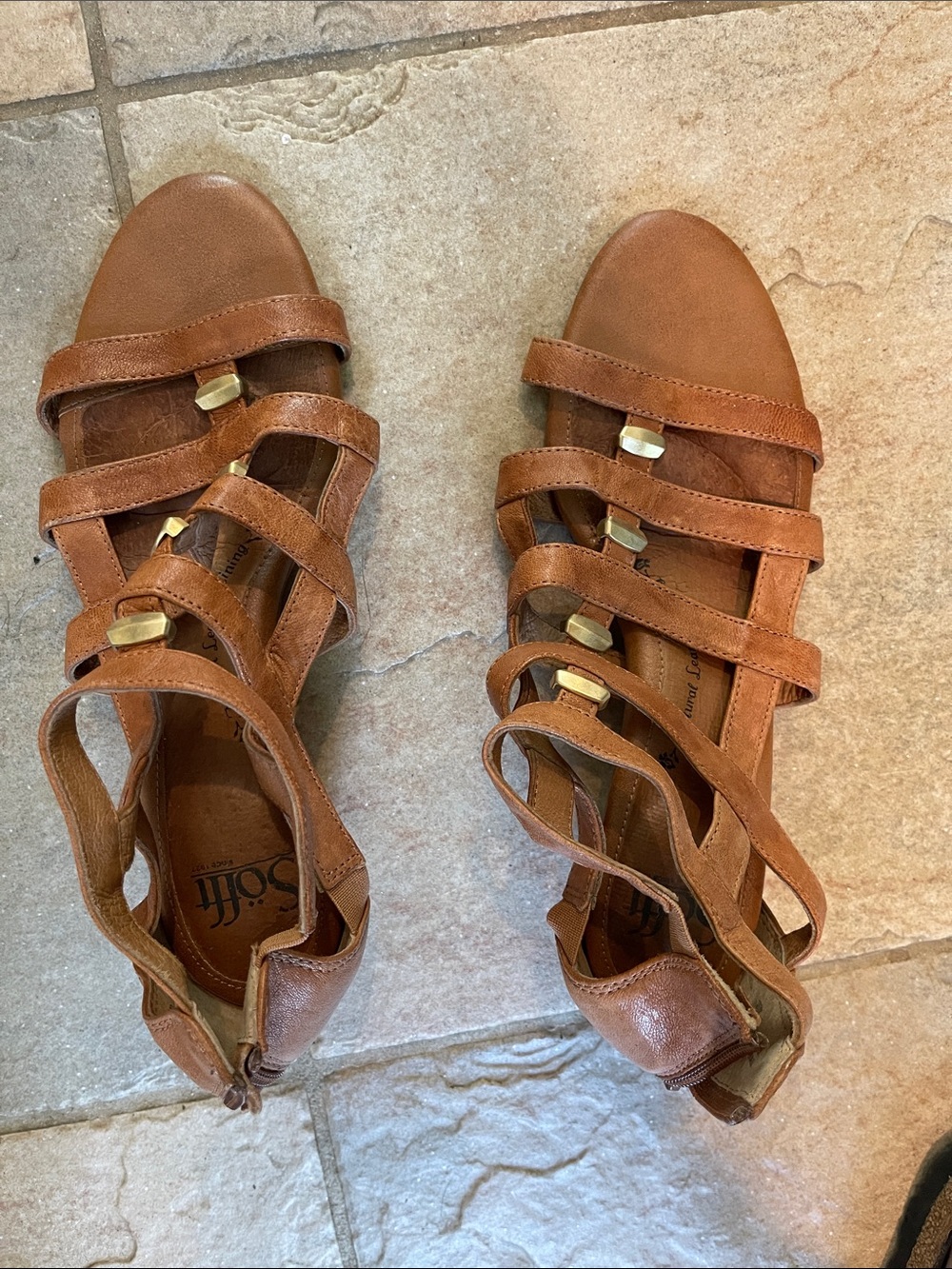Sofft Brown Strappy Gladiator Sandals with Gold Accents